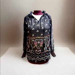 CAbi Enjoy Blouse #5784 Navy Blue Multicolor Floral Paisley Sheer Boho Tunic Top